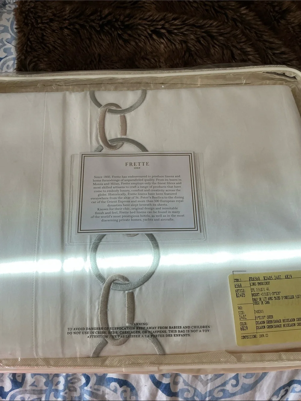 NEW FRETTE QUEEN SHEET SET LINKS EMBROIDERY celadon green and savage beigeladon